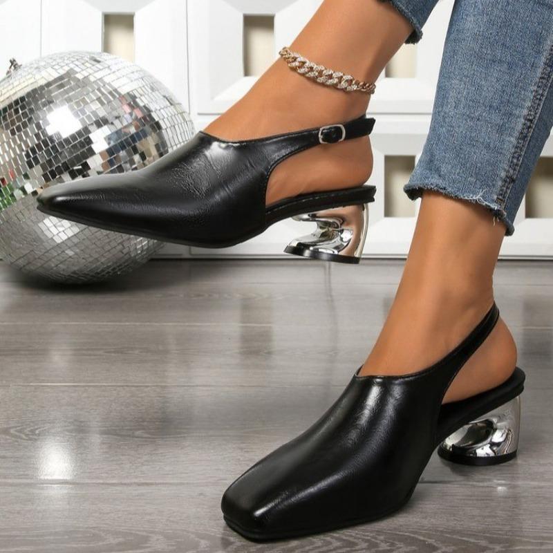 Fashion Square Toe Shaped Heel Mid-High Heels Skinny Feet Simple Fashion Shallow Mouth One Strap Versatile Soft Side Sandals