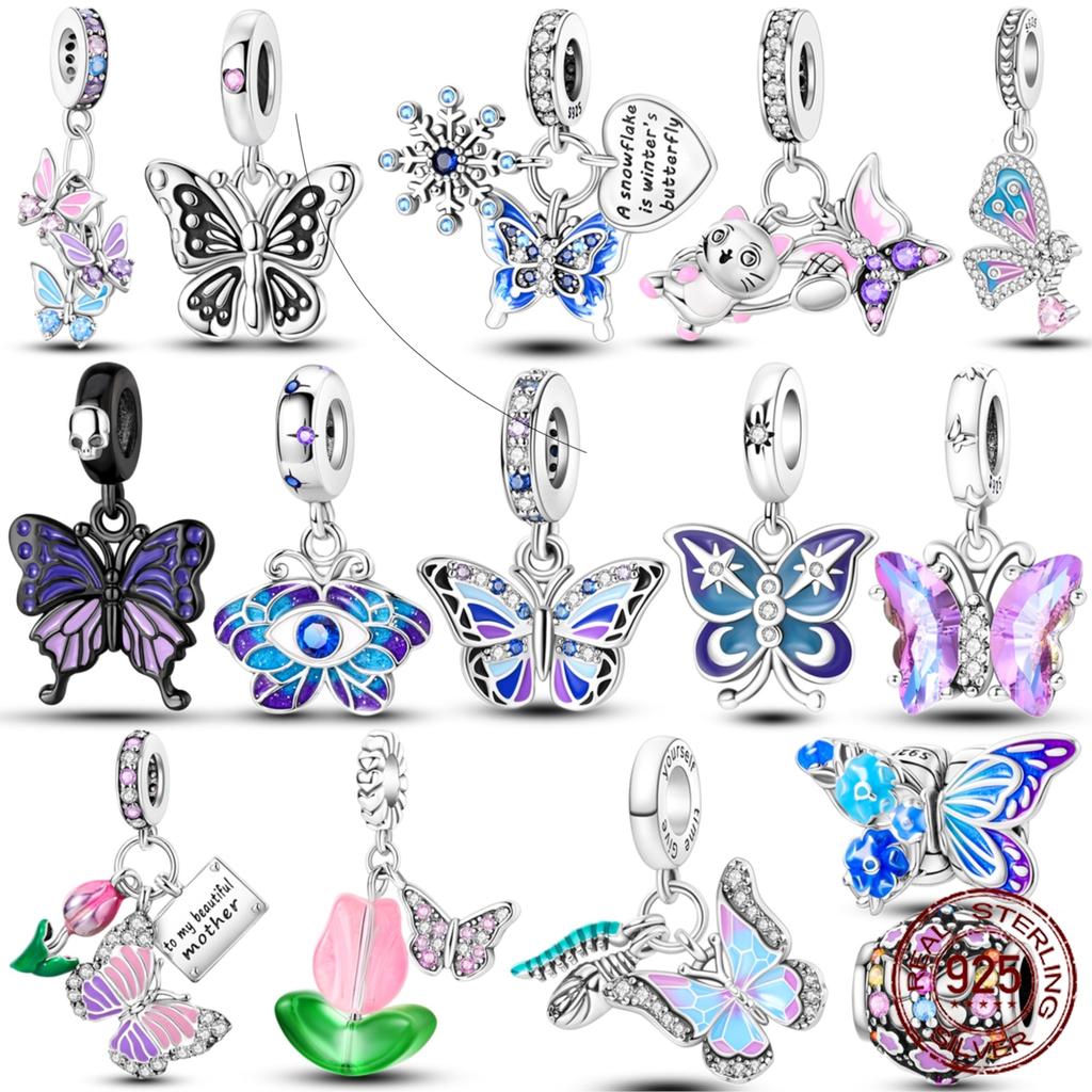 Various Butterfly Charms Bead Real Copper Inlaid Zirconium Butterflies Dangle Fit Original Accessories Bracelets Diy Jewelry