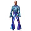 Mens Flashy Disco Jumpsuit Flared Sleeves Turn Down Collar Stylish Printed Bodice Metallic Bell Bottom Bodysuit