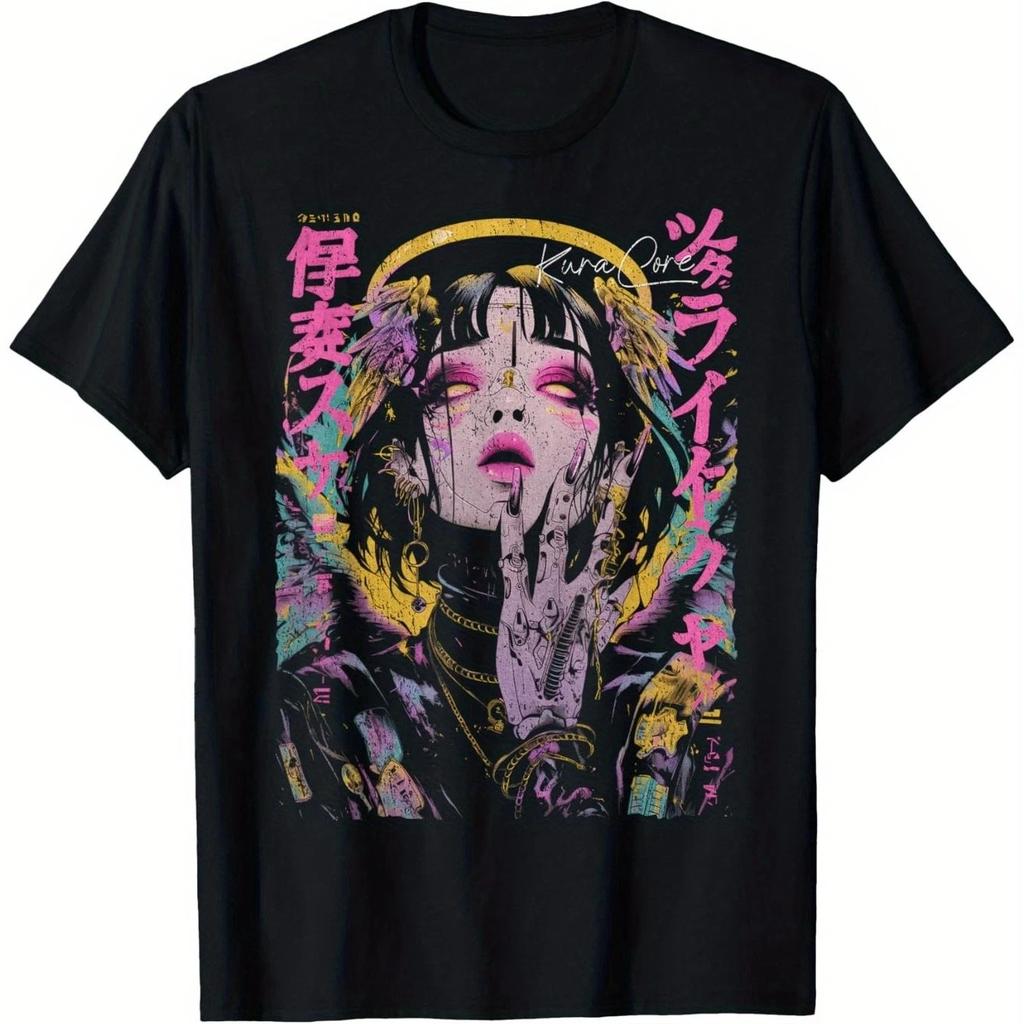 Cyberpunk anděl Tričko Y2K Anime Estetika Grafické Streetwear Ležérní Tričko