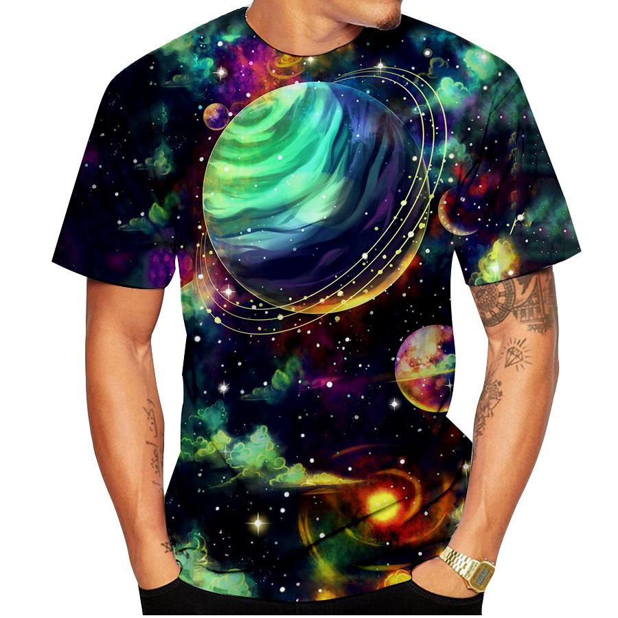Round Neck Colorful Galaxy Graphic 3D Printed Casual Short Sleeved Men's T-shirts - Soft Medium Stretch Polyester Fabric Summer Relaxed Fit Clothing