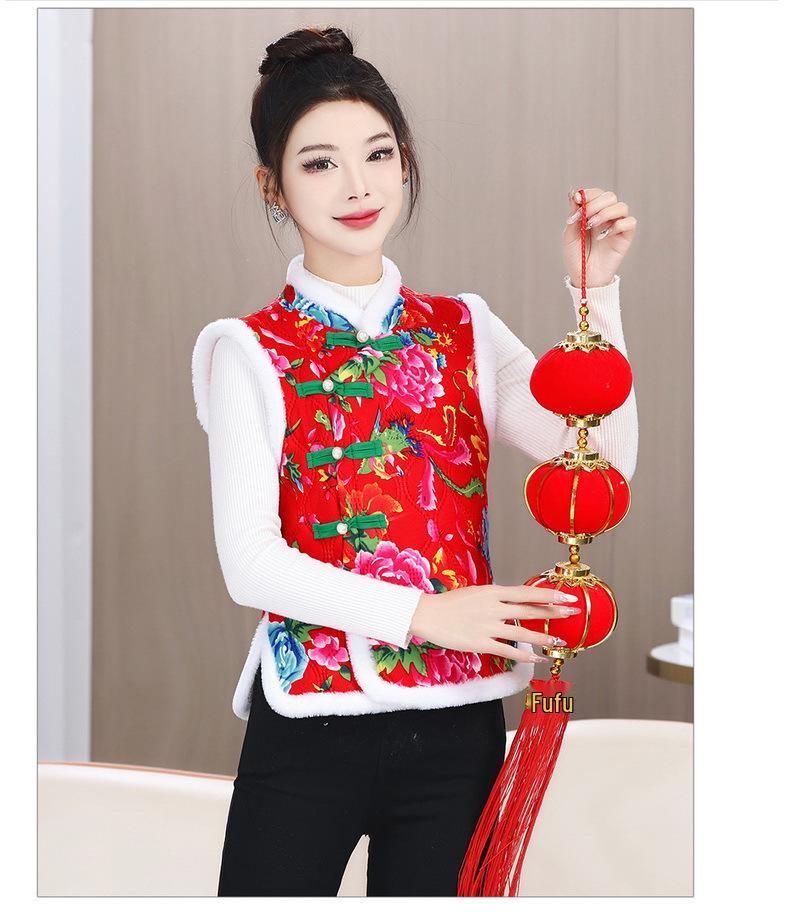 New Chinese Style Red Floral Padded Vest for Middle-Aged & Elderly Women - Thick Short Coat for Autumn/Winter