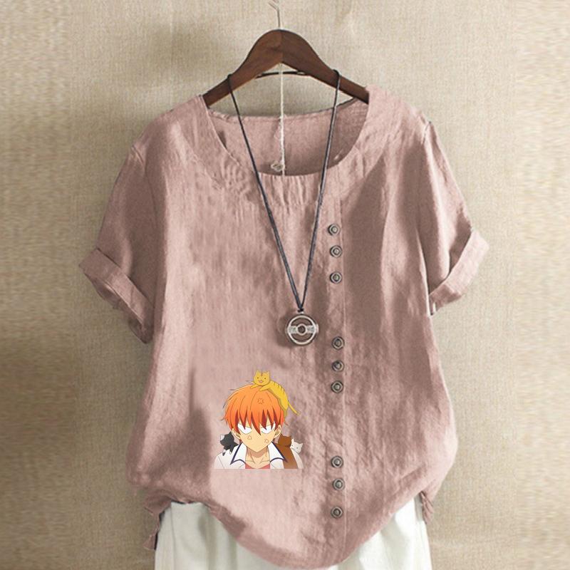 Women's Fashion Round Neck Short Sleeve T-shirt Casual Cotton Linen Graphic Shirt Leisure Loose Angry Boy Prined Summer Blouse Tops