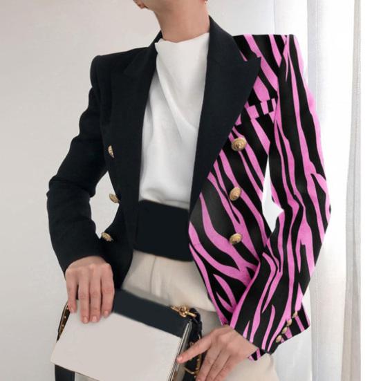 Women Blazer Right-angle Shoulder Double Breasted Long Sleeves OL Style Lapel Dress Up Cardigan Striped Print Lady Coat for Work