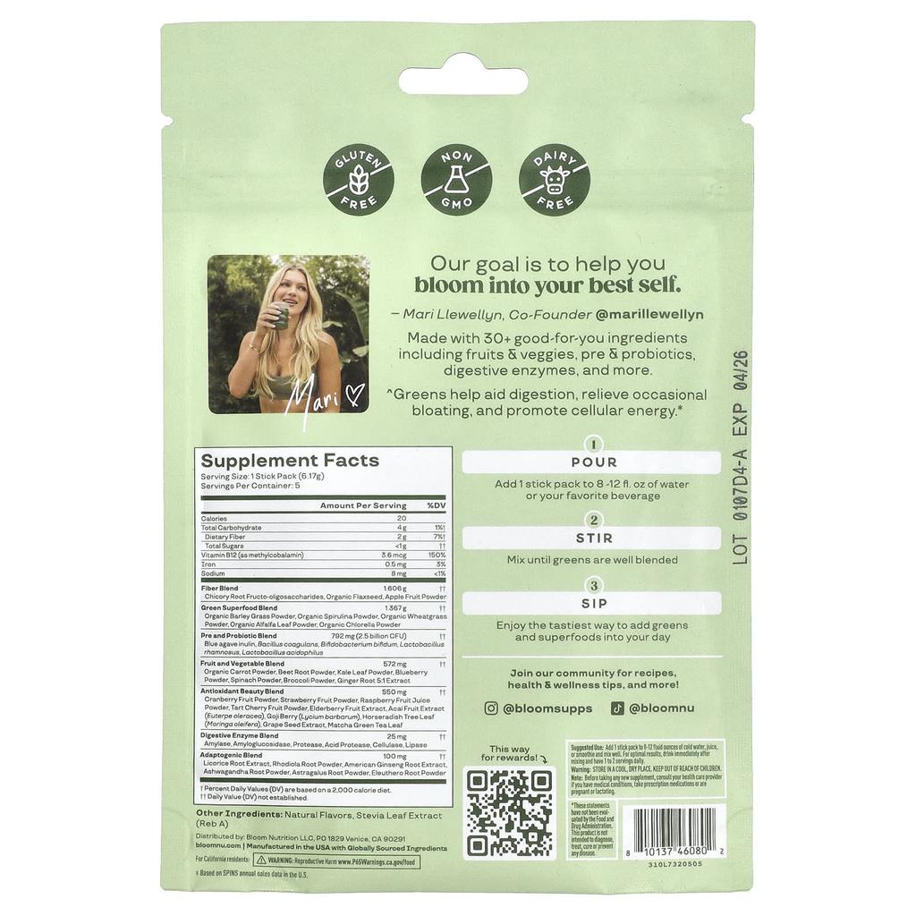 BLOOM Greens & Superfoods, Coconut, 5 Stick Packs, 5.44 G (0.19 Oz) Each