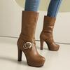 Autumn and Winter New Leather Boots Medium Boots Belt Buckle Water Table Knight Boots Thick High Heels Boots - Large Size