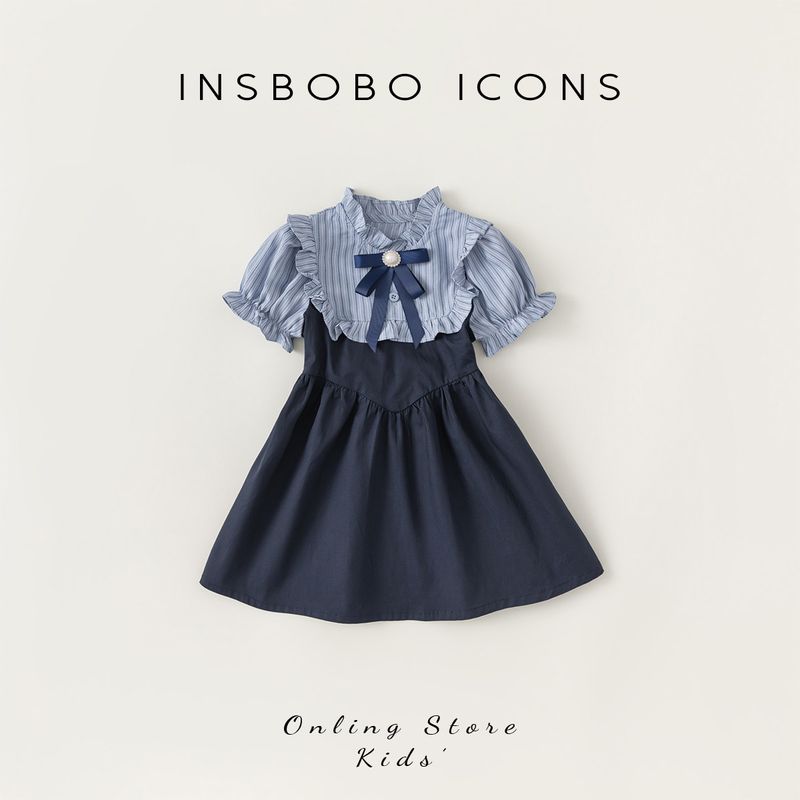 Children s Clothing Baby Girl Preppy Style Early Autumn Dress Blue Stripe + Navy Blue (Summer Style) 100