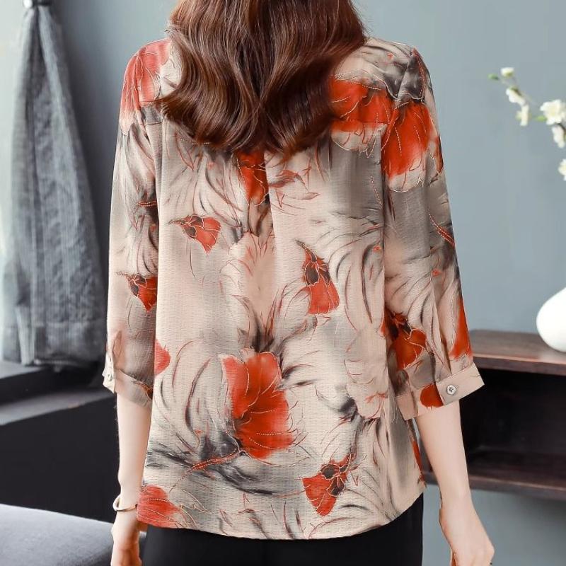 Blusa de manga 3/4 para verano y otoño, nueva ropa de mujer a la moda, camisa con cuello vuelto y estampado para mamá, tallas M a 5XL