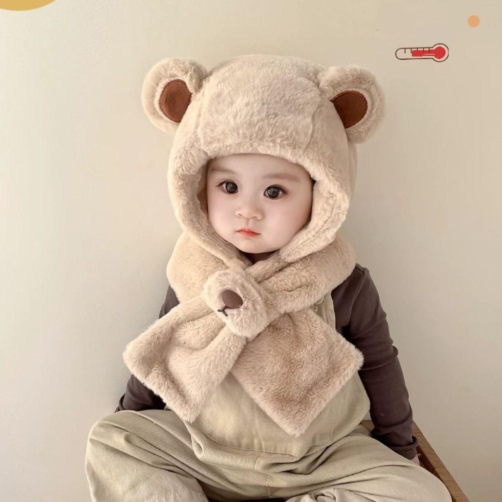 Fashion Design Children Fleece Hat Solid Color Plush Hat with Scarf Outdoor Bear Plush Hat  Boy