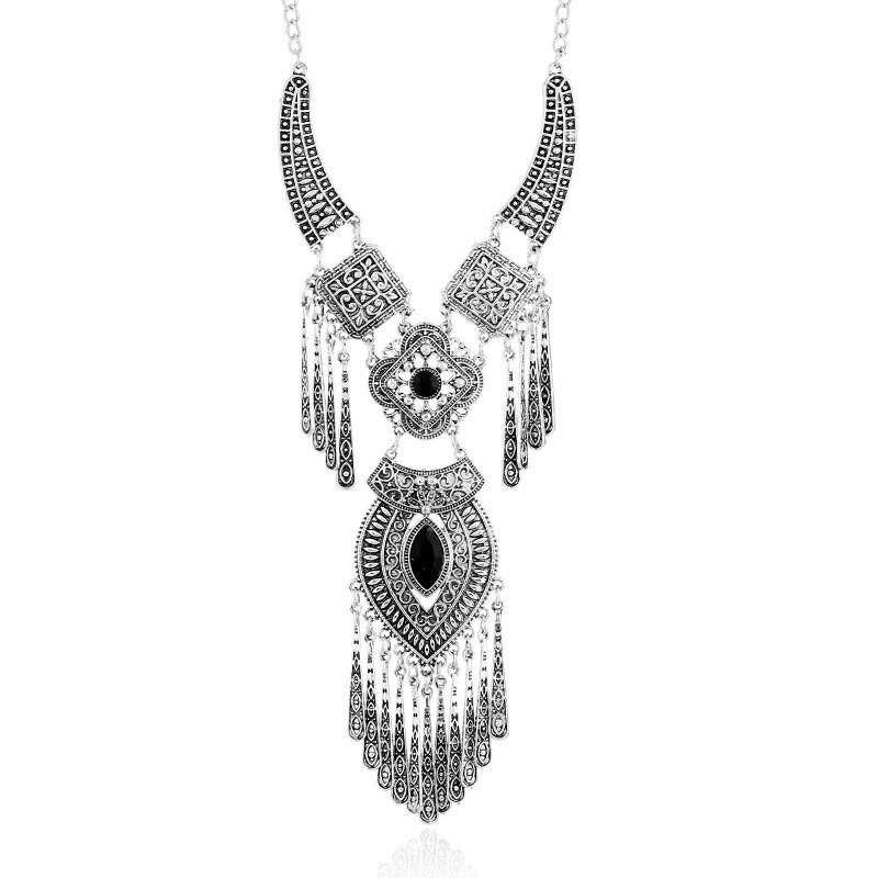 Ethnic Style Simulation Gemstone Decoration Women Necklace With Design Tassel