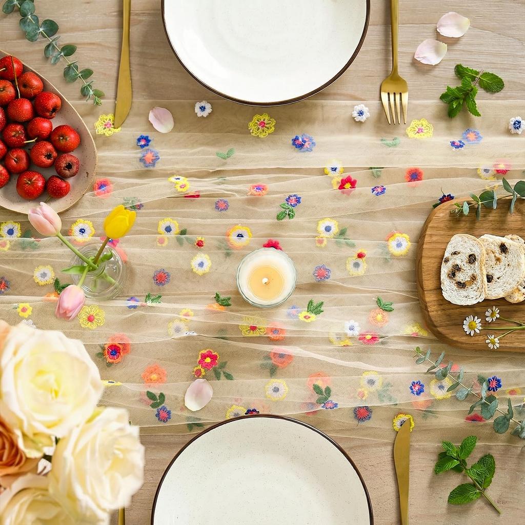 Embroidery Daisy Spring Summer Table Runner 10ft Florals Table Runner Holiday Kitchen Dining Table Decoration for Home Party Indoor