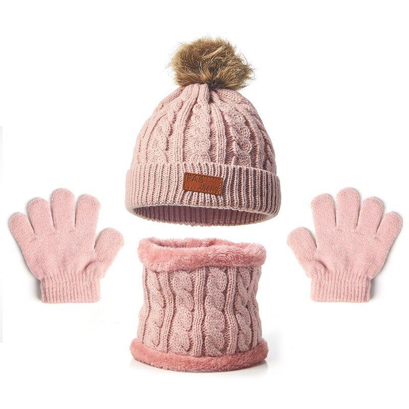 

Комплект из 3 предметов: детская зимняя шапка, шарф, перчатки, унисекс, детская шапка-бини, вязаный шарф, одинарный мяч, защита ушей, флисовая теплая шапка для мальчиков и девочек очарование розового