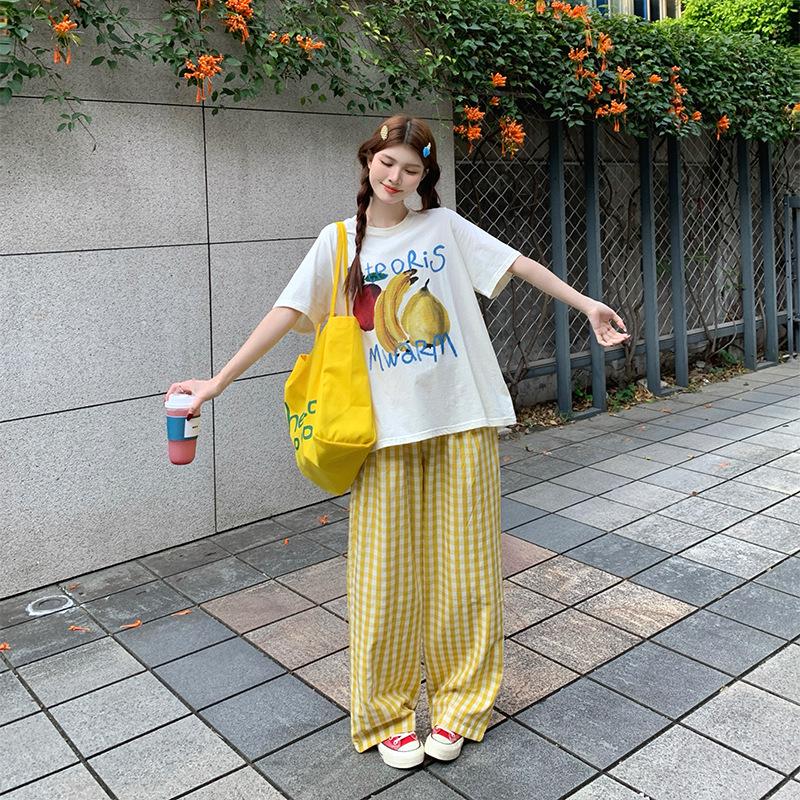 

Plus Size Women s Fruit Print T-shirt & Plaid Pants Summer Set 3XL