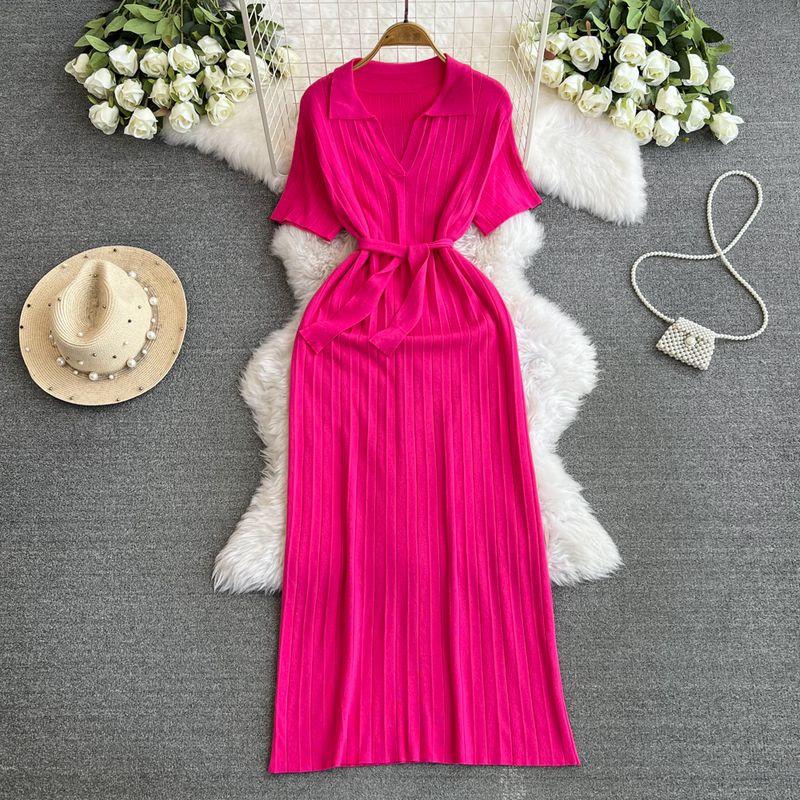 

Korean Style Wear Gentle Soft Glutinous Knitting Dress Women s 2024 New Arrival Elegant Lapel and Waist Tight Mid Length Long Length Skirt Rose Red One size