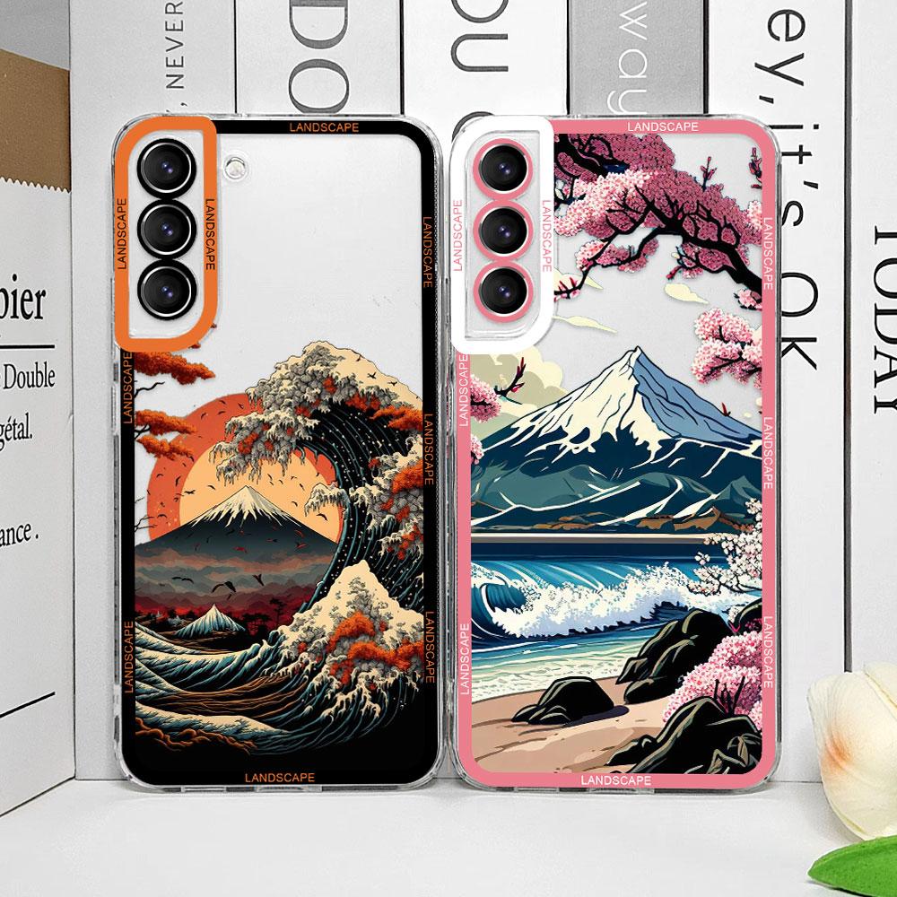 Retro Japoński Pejzaż Fale Etui na Telefon dla Samsung Galaxy S22 S23 S20 FE S24 S25 Ultra S21 Plus Estetyczny Krajobraz Miękki Pokrowiec