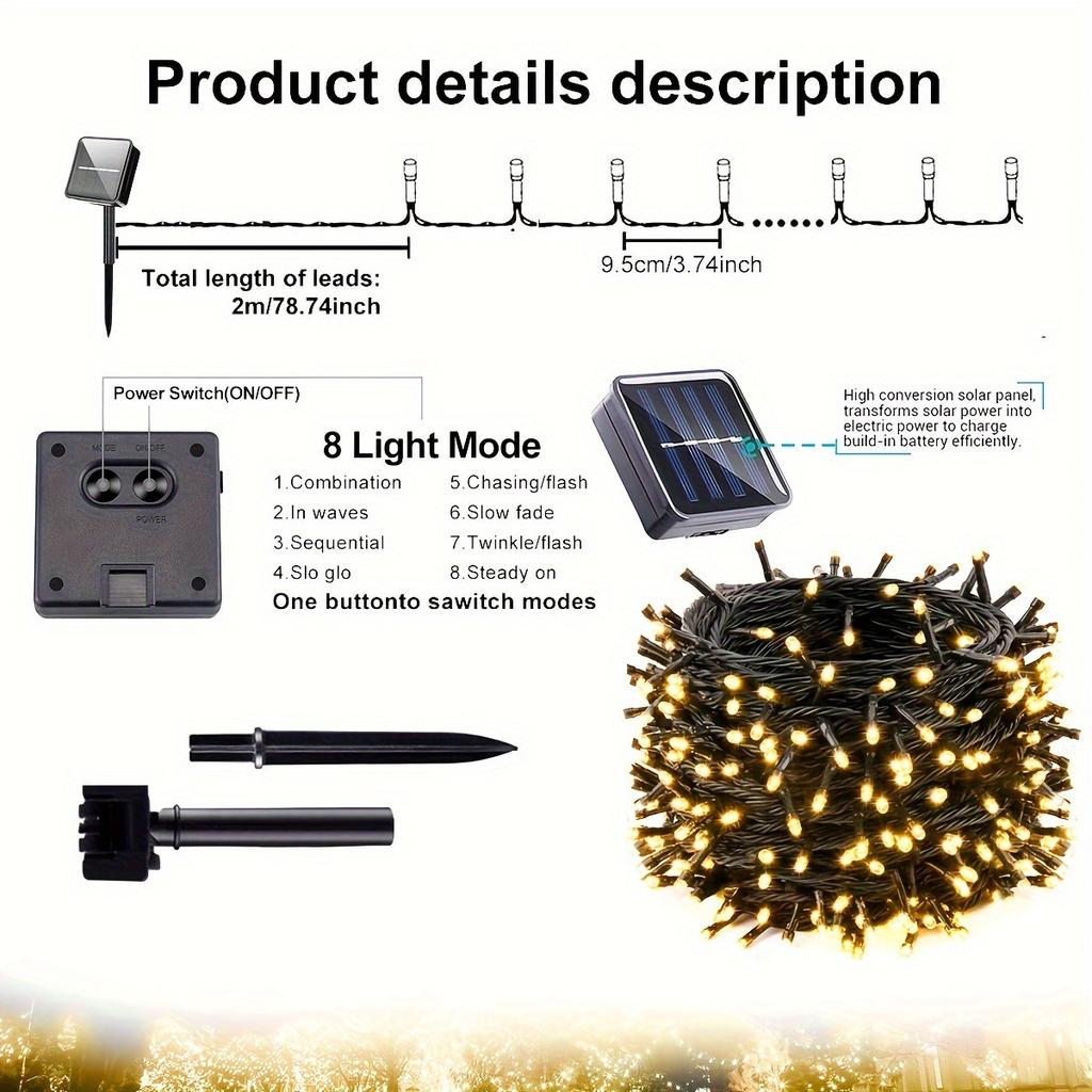 Solar String Light Outdoor Solar Fairy Light 8 Modes Waterproof Xmas Lamp for Garden Patio Home Party Wedding Holiday Tree Decor