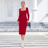 2024 European & American Square Neck Elegant Bodycon Dress with Back Hem Slit