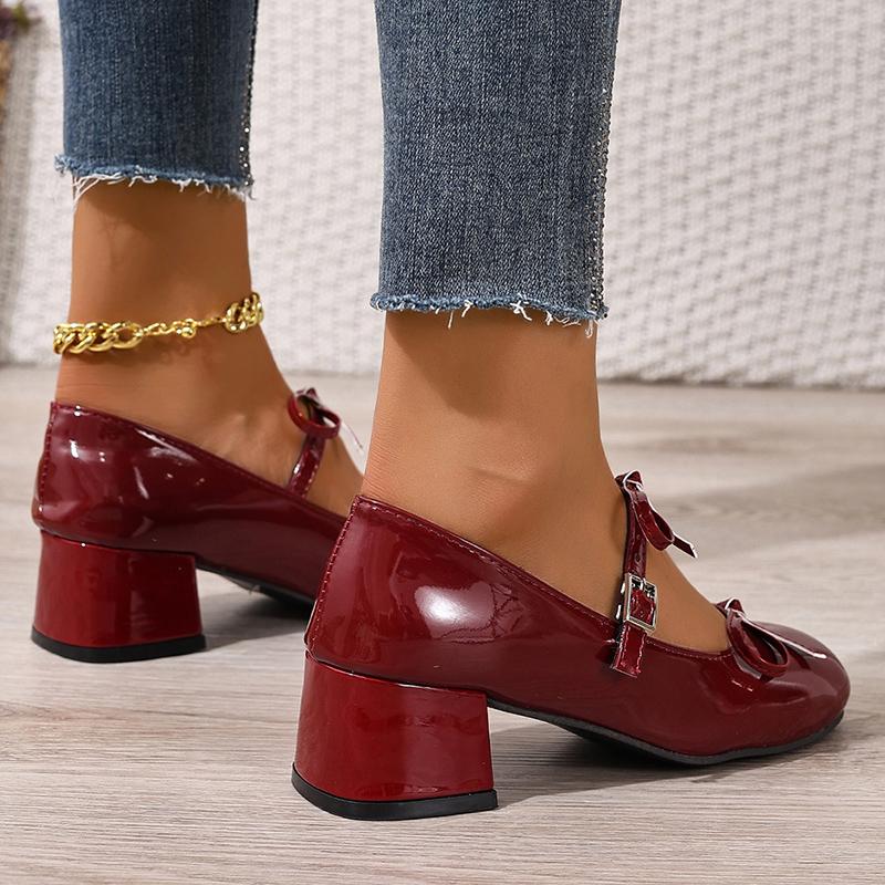 Fashion Elegant Bow Decor Mary Jane High Heels for Women Patent Leather Chunky Heel Pumps Ladies Summer Fashion Ankle Strap Dress Shoes