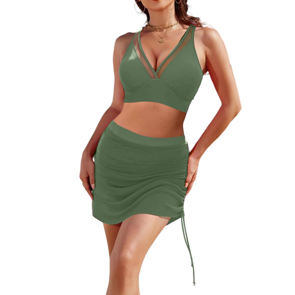 Women's  Color Swimsuit Looks Slimmer Than The Base Mesh Drawstring, Trimmed Top And Pants Two-piece Set