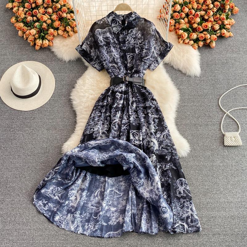 RUGOD 2022 Sommer Ny Revers Kortermet Lett Velkjent Stil Over-kneet Retro Print Kjole Elegant Midje og Stor Sving Lang Kjole