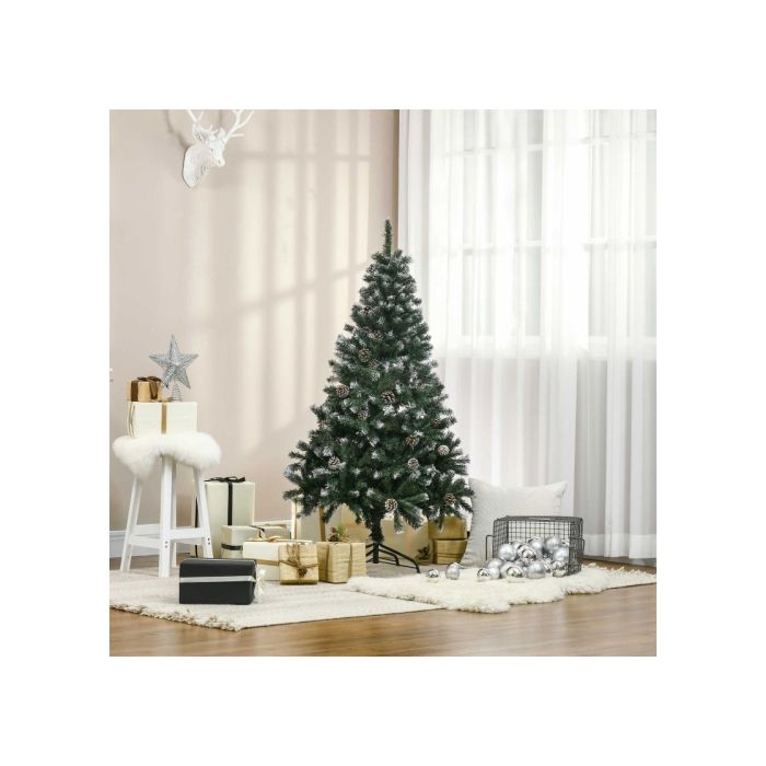 HOMCOM Sapin De Noël Artificiel, 676 Branches, 41 Pommes De Pin, Pointes Enneigées, Ignifuge, 150 Cm