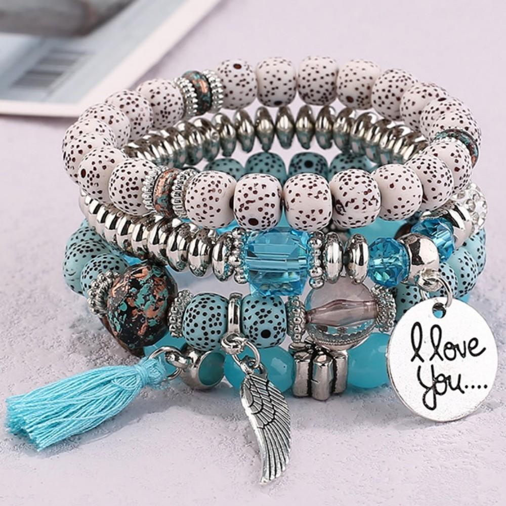 DIEZI Multicolor Acrylic Crystal Beads Strand Bracelets For Women Girls Men Tassel Wing Elastic Rope Bracelet Pulseira Feminina