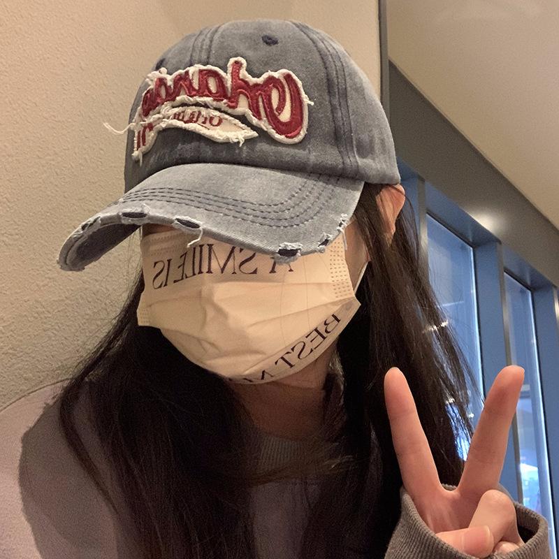 American Retro Old Baseball Cap Women's Big Head Wash Ripped Denim Wide Hat Brim Baseball Cap Showing Face Small Hat