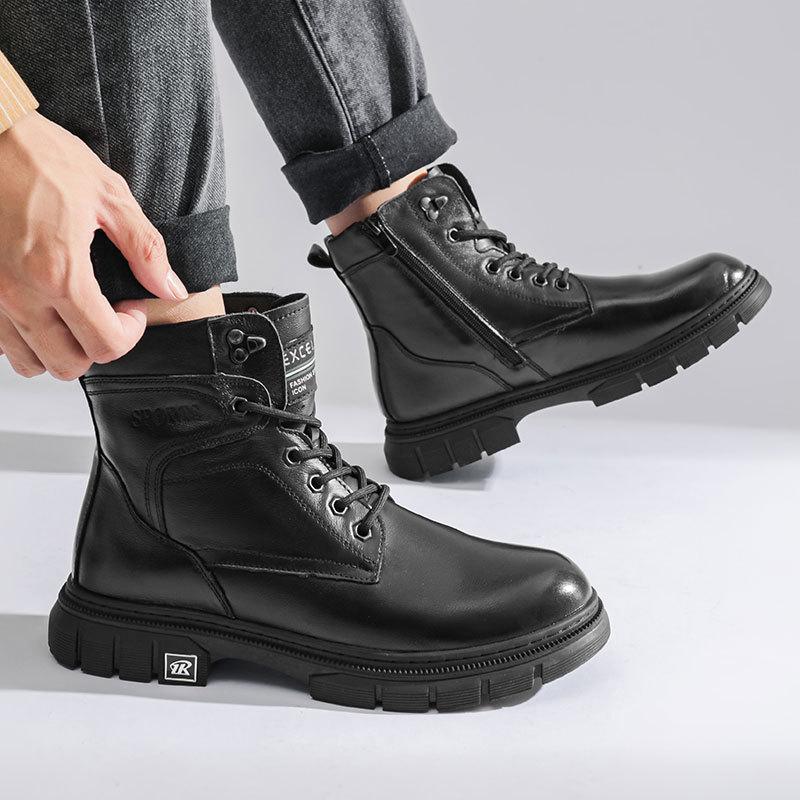 2025 new first-layer cowhide men's genuine leather Martin boots winter men's high-top tooling shoes trendy velvet leather boots
