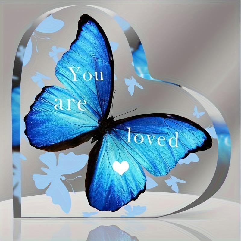 Blue Butterfly Heart Decoration - with "You Are Loved" Message, Birthday/Christmas/Halloween/Valentine's Gift, Home Tabletop Decorations, Nurseries,