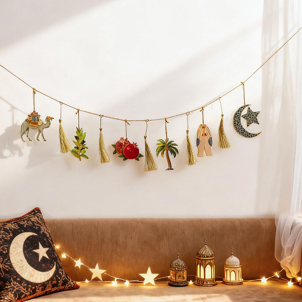 Ramadan Kareem Hängegirlande Islamische Kamel Granatapfel Palme Mond Stern Deko für Muslimisches Fest Heimparty Wandornament Geschenke