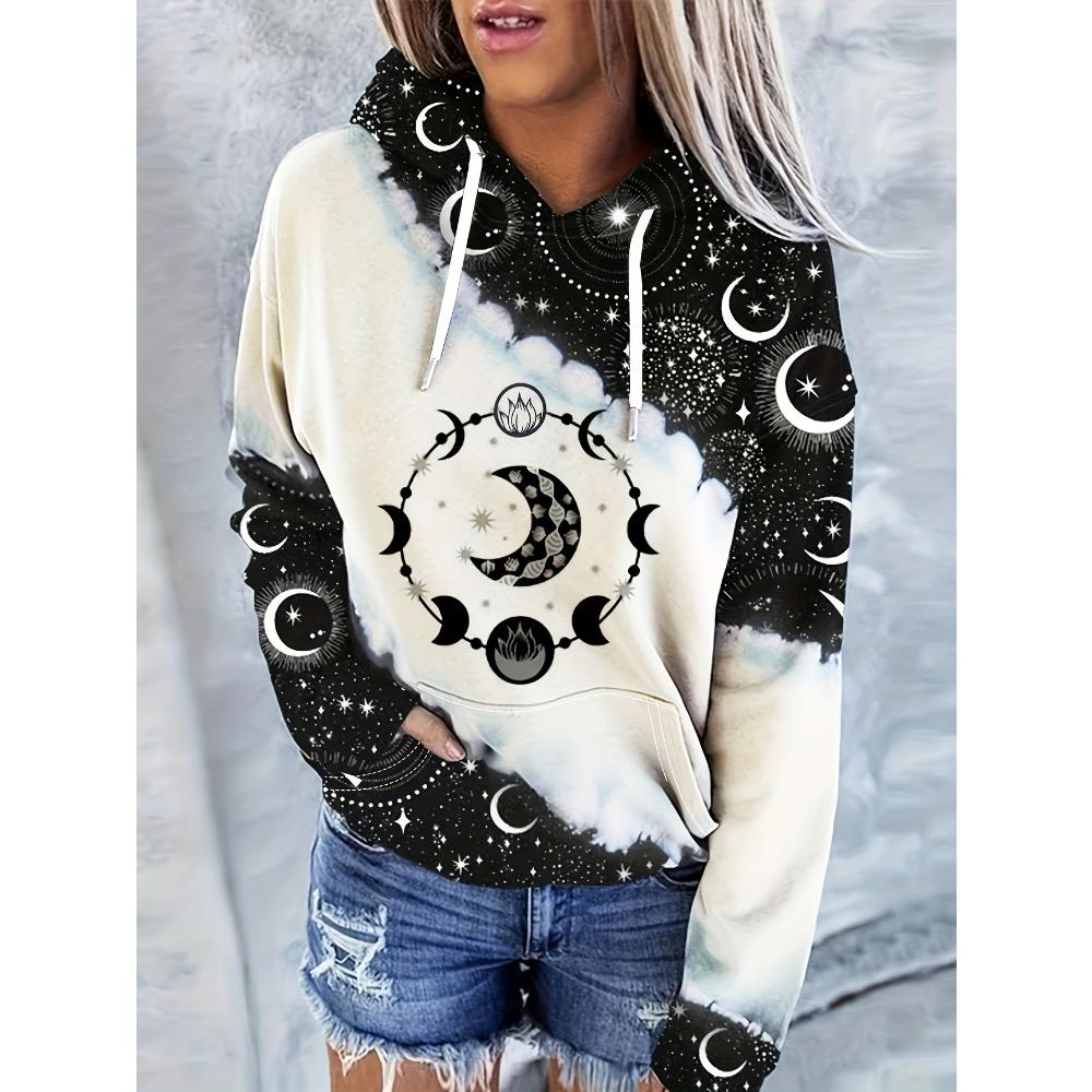Modischer Hoodie mit Mond- und Sternenprint, Verstellbare Kapuze mit Kordelzug, Geräumige Kängurutasche, Superweiches Lässiges Sweatshirt für Damen