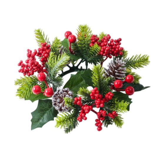 Christmas Candle Wreath Artificial Red Berries Pinecone Garland Festive Table Centerpiece Decoration for Christmas Party Home