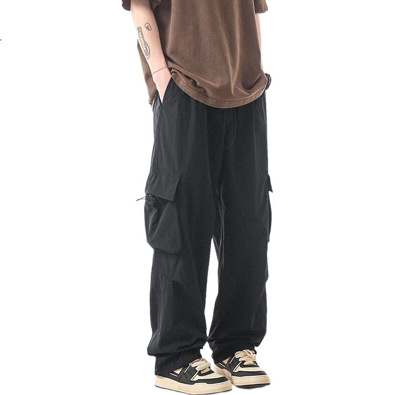 Dingfengbaoluo American Retro Wide-Leg Cargo Pants for Men, Spring Trendy Loose Versatile Straight Casual Trousers ZW48 Black L