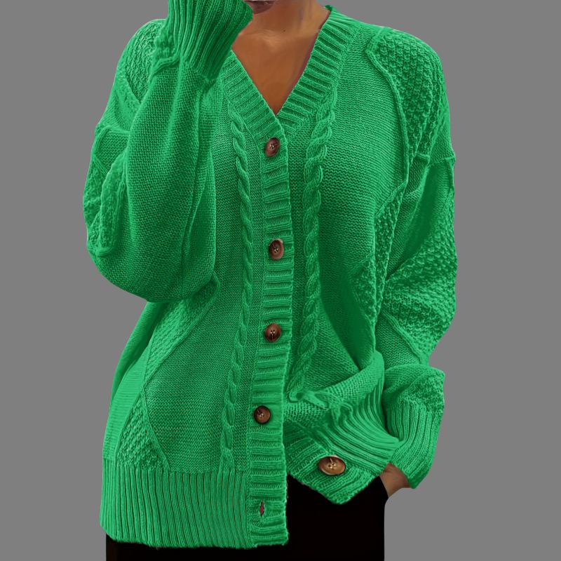 Women's Solid Color V-Neck Long Sleeve Knit Cardigan Jacquard Sweater for Autumn and Winter