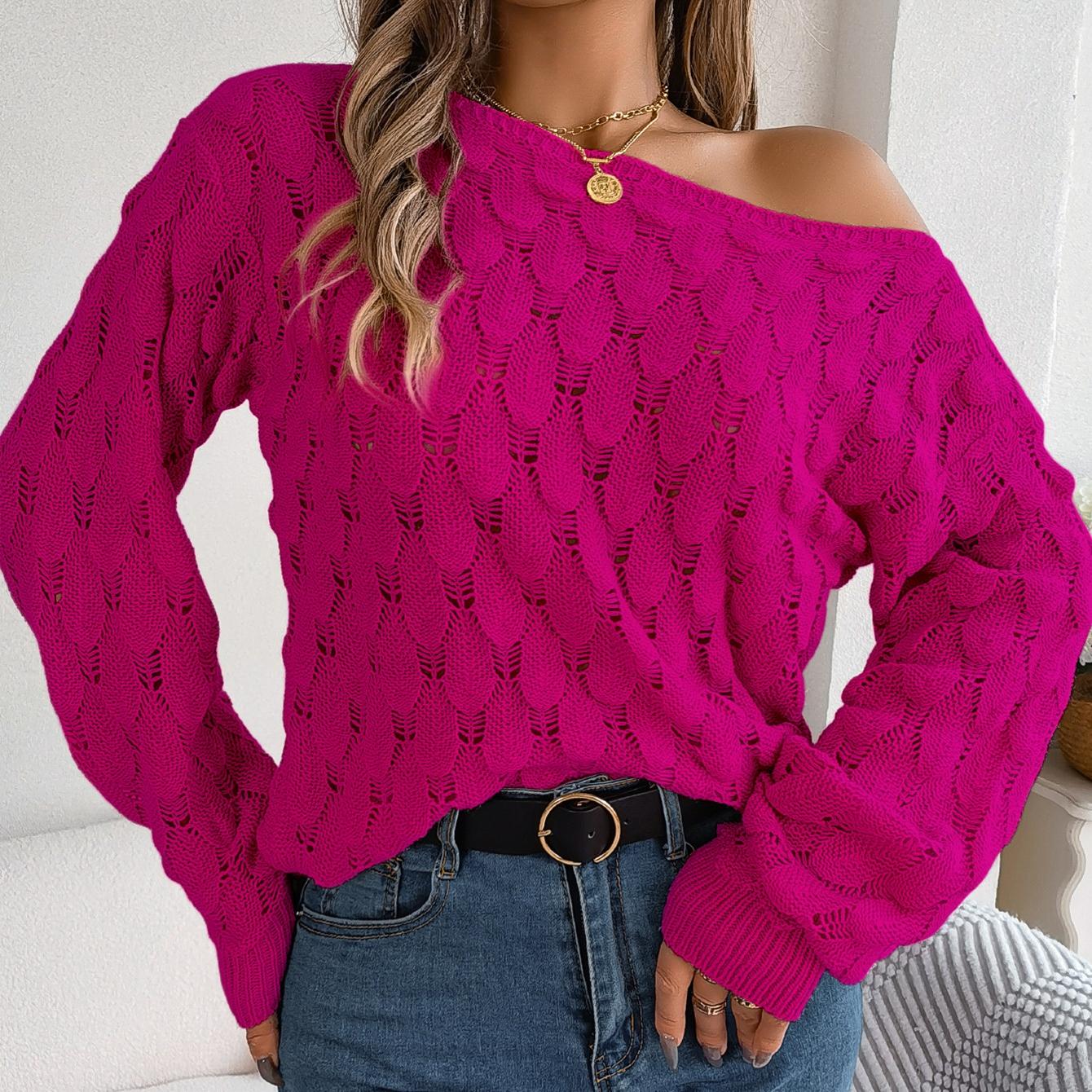 

GMXIA Женская мода Повседневная осень-зима Свободный однотонный принт с длинным рукавом и вырезом Пернатый однотонный свитер с открытыми плечами и рукавами-фонариками L розы красного