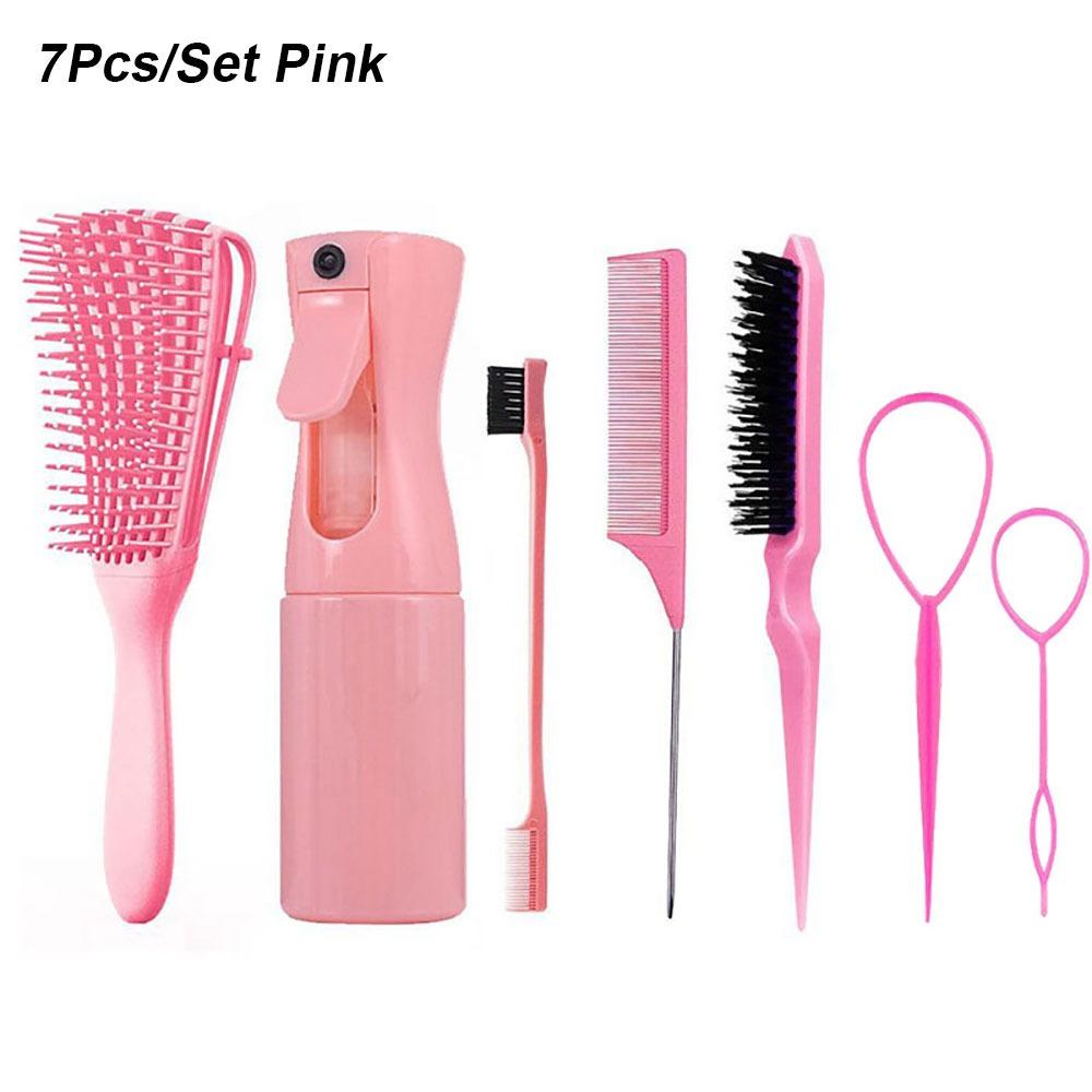 

7Pcs/Set Eyebrow Brush Hairdressing Tool Set Plastic Water Sprayer Styling Set New Hair Brush Set 7Pcs Pink
