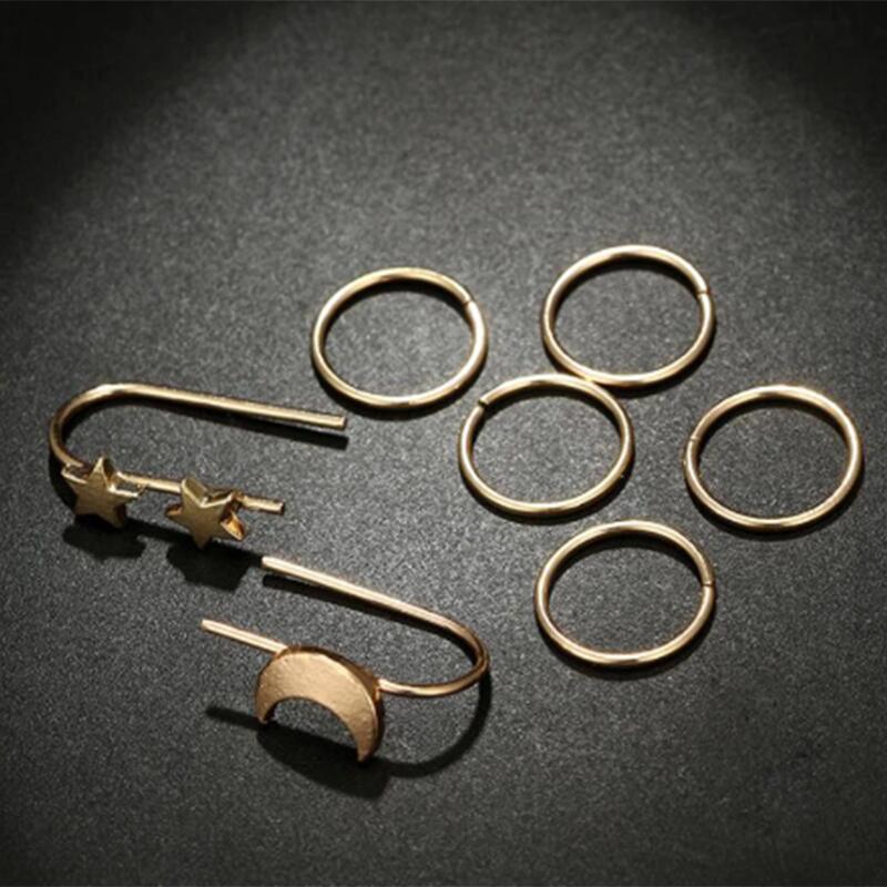7pcs/lot women's clip earrings open ear cuff without piercing hiphop boucle oreille femme gold color metal star moons ear clips