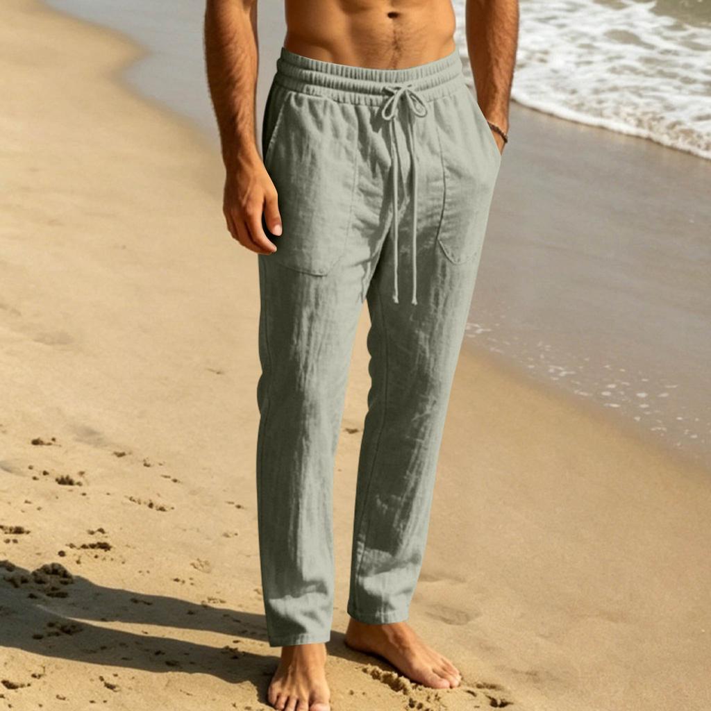 Men's Breathable Sweat Absorbent Solid Color Casual Wide Leg Linen Pants Elastic Waist Drawstring Lightweight Summer Trousers