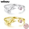 WOSTU 925 Sterling Silver Pet Cat Ring With Pink Heart Zircon 18K Gold Adjustable Cute Animal Rings Friend Daugther Jewel Gift2