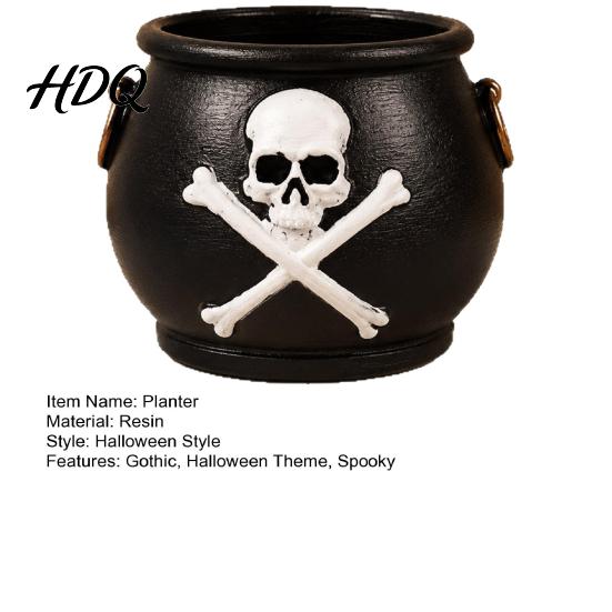 Vintage Metallhenkel Topf Hexenkessel Pflanzgefäß, Halloween Totenkopf Blumentopf, Gotischer Harz Mini Topfpflanzen Halter Schwarze Süßigkeitenschale für Kräuter,