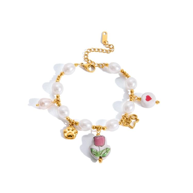 Delicate Ceramic Flower Wrist Bangle Imitation Pearls Beaded Bracelet Lightweight Design For Everyday Elegant 1