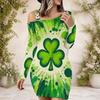 Women Plus Size One Shoulder Long Sleeve Green Clover Printed Bodycon Mini Dress