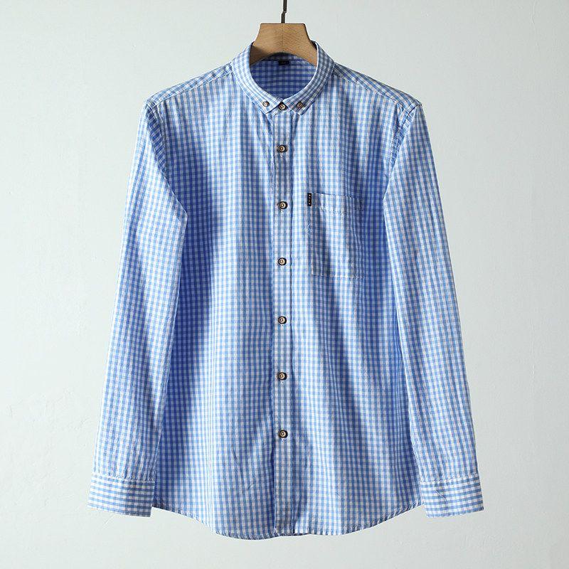 Japanese-Style Retro Long Sleeves Export Casual Gingham Shirt Light Blue 3XL