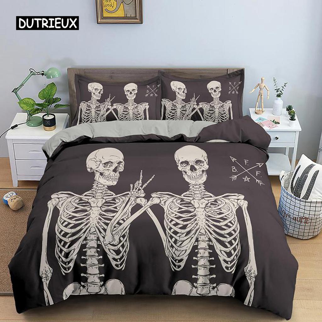 Skeleton Duvet Cover Set Microfiber Bedding Set Twin Size Halloween Funny Skeleton Skulls Bones Comforter Cover for Kids Teens