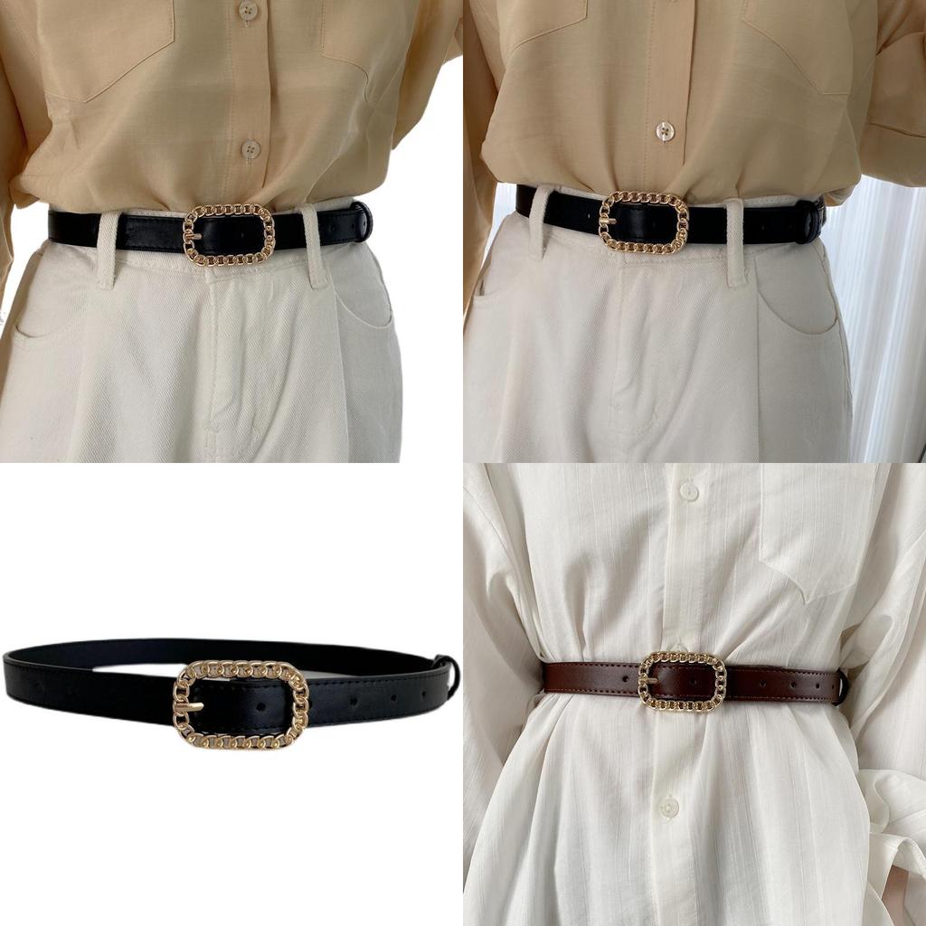 Chic Minimalist Ladies Pu Chain Rectangle Buckle Vintage Waist Belt For Dresses