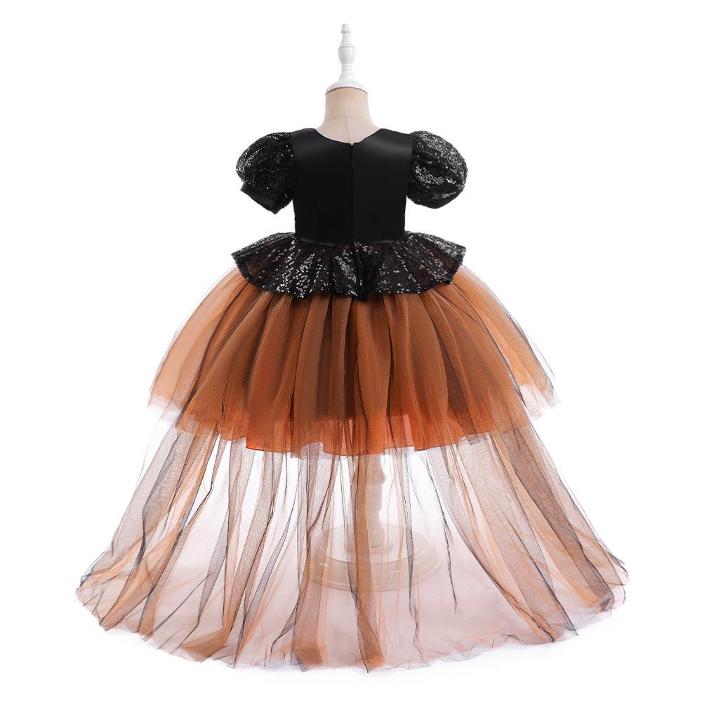 Girls' Halloween Sequin Princess Dress with Puff Sleeves and Puffy Skirt