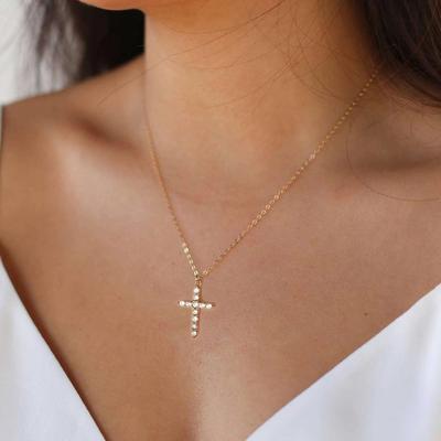 Stainless Steel Plated True Gold Cross Pendant Necklace Full of Zircon White Gold 18K Gold Cross Necklace Female