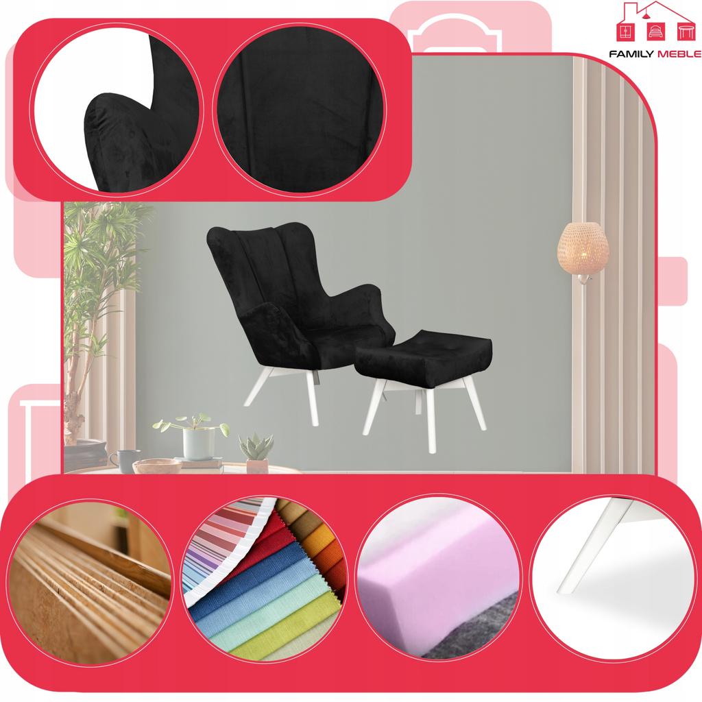 Vika Scandinavian Armchair with Footrest, Pouffe, Profiled, Family Meble, Black