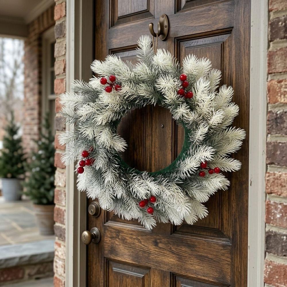 Snowy Christmas Pine Wreath Red Berries Plastic Frosted Pine Berry Wreath Evergreen Round Pine Needles Door Wreath