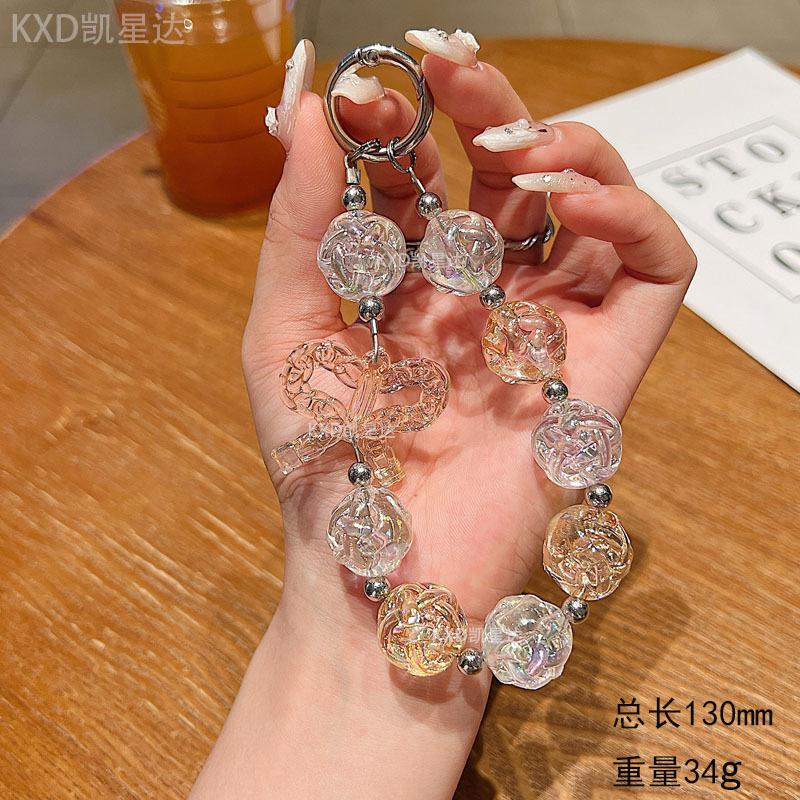 

Crystal Transparent Bowknot Beaded Exquisite Flower Short Wrist Pendant Phone Case Earphone Bag Accessories Keychain Crystal Butterfly Pink Or